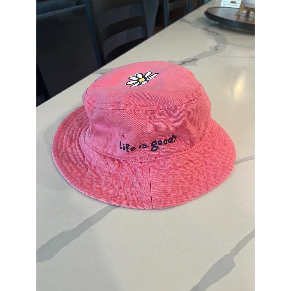 Life is Good Pink Daisy Cotton Bucket Hat‎ Size 4-7Y Sun Hat Flower Embroidery